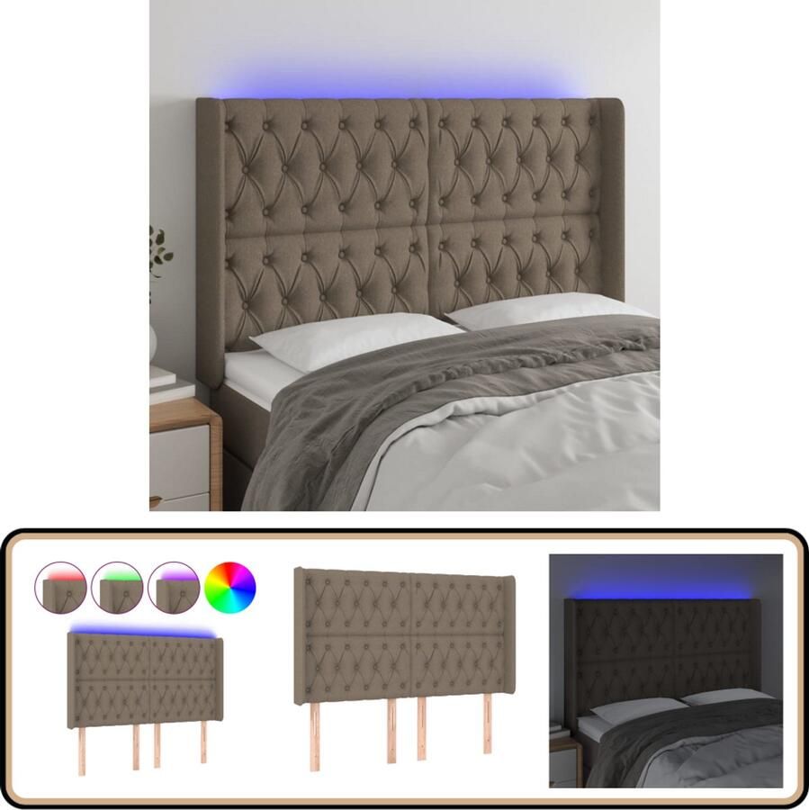 VidaXL Hoofdbord LED 147x16x118 cm Taupe Stof Hoofdboard Led Hoofdbord Klassiek Hoofdbord Taupe Hoofdbord Slaapkamersdecoratie Bed Accessoires
