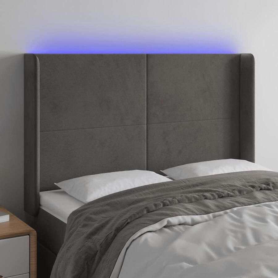 VidaXL Hoofdbord LED 147x16x118 128 cm Donkergrijs Hoofd Bord Led Bedhoofdbord Hoofdkussen Led Verlichting Velvet Grijs Luxe - Foto 2