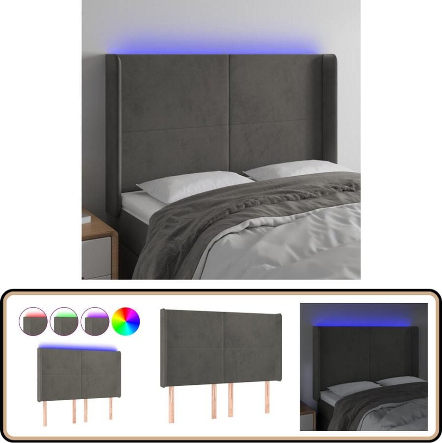 VidaXL Hoofdbord LED 147x16x118 128 cm Donkergrijs Hoofd Bord Led Bedhoofdbord Hoofdkussen Led Verlichting Velvet Grijs Luxe
