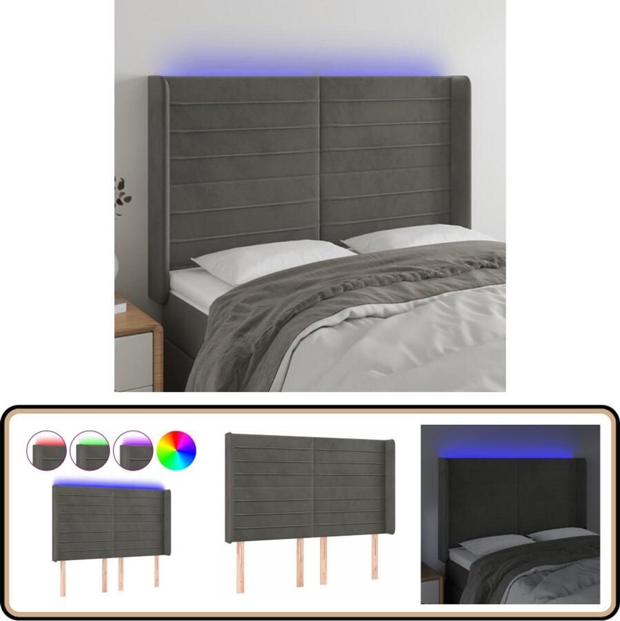 VidaXL Hoofdbord LED 147x16x118 128 cm Donkergrijs Hoofdboard Led Headboard Velvet Headboard Grijs Hoofdboard Comfortabele Hoofdsteun