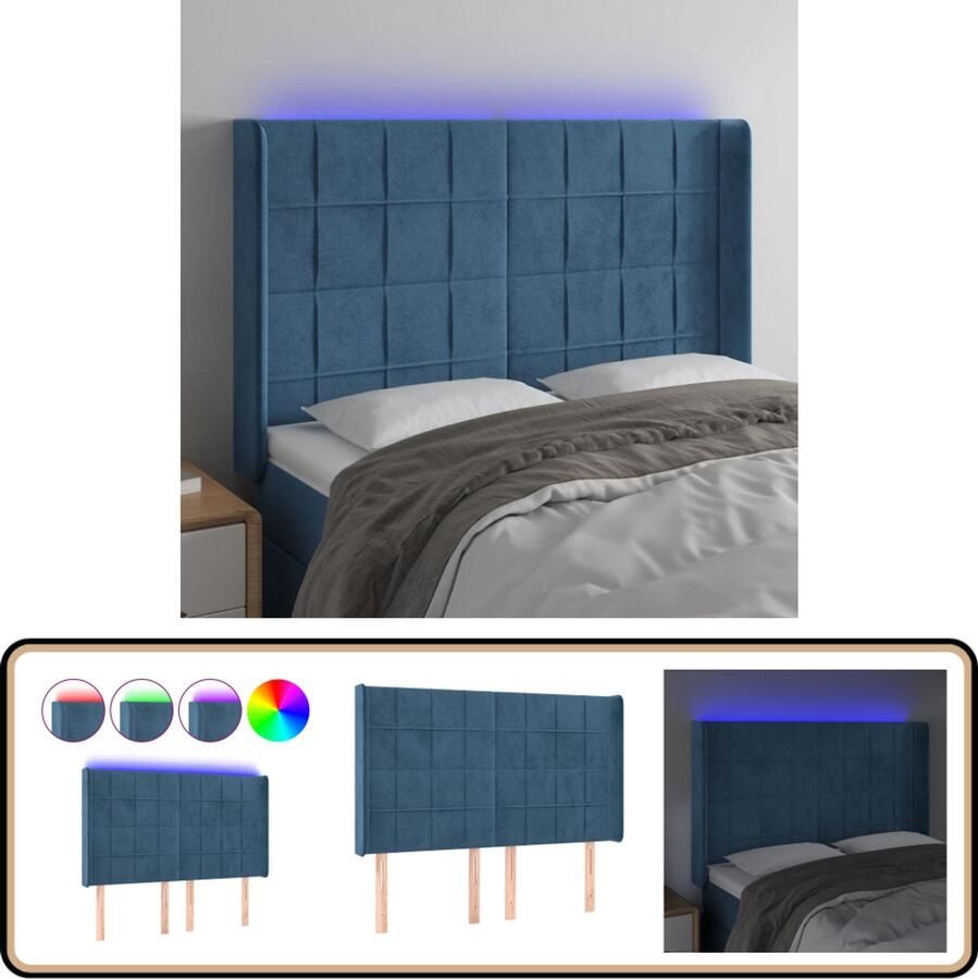 VidaXL Hoofdbord LED 147x16x118 128 cm Fluweel Donkerblauw Hoofdboard Led Headboard Velvet Headboard Blauw Hoofdboard Slaapkamers Decoratie Luxe Hoofdbord Leeshoek Tv Hoek