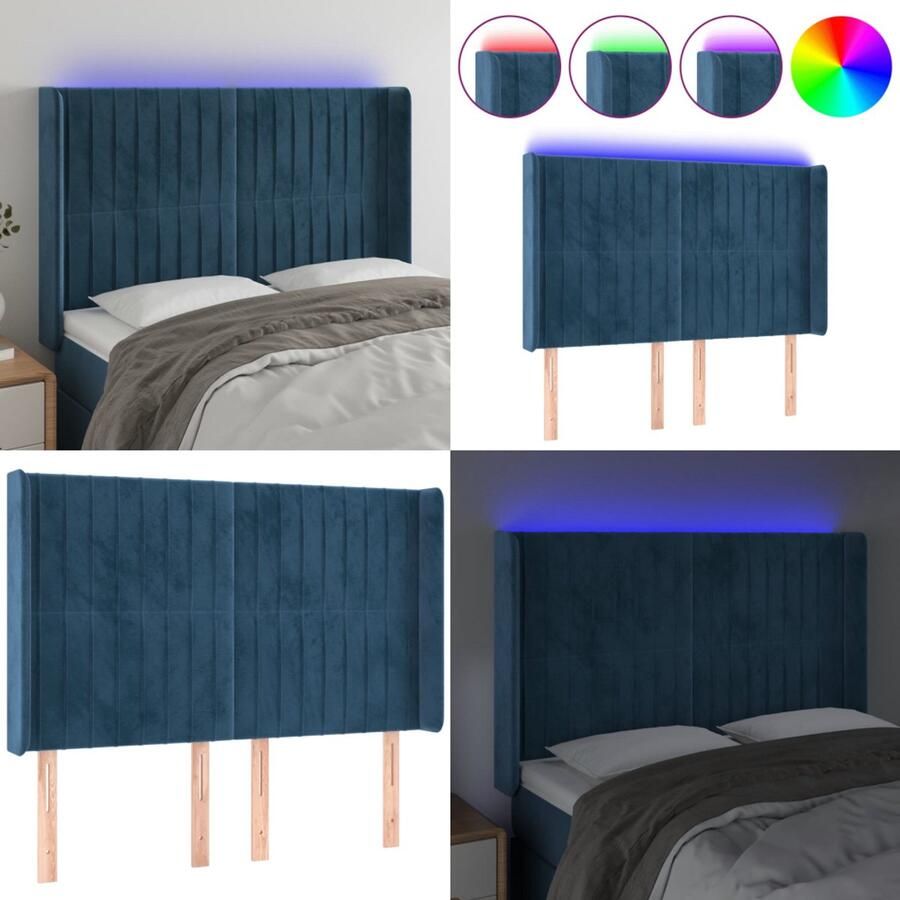 VidaXL Hoofdbord LED 147x16x118 128 cm fluweel donkerblauw Hoofdbord Hoofdborden Hoofdeinde Houten Hoofdbord
