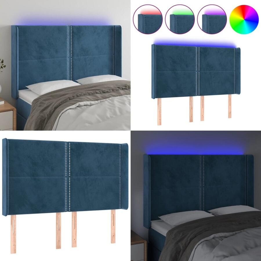 VidaXL Hoofdbord LED 147x16x118 128 cm fluweel donkerblauw Hoofdbord Hoofdborden Hoofdeinde Houten Hoofdbord
