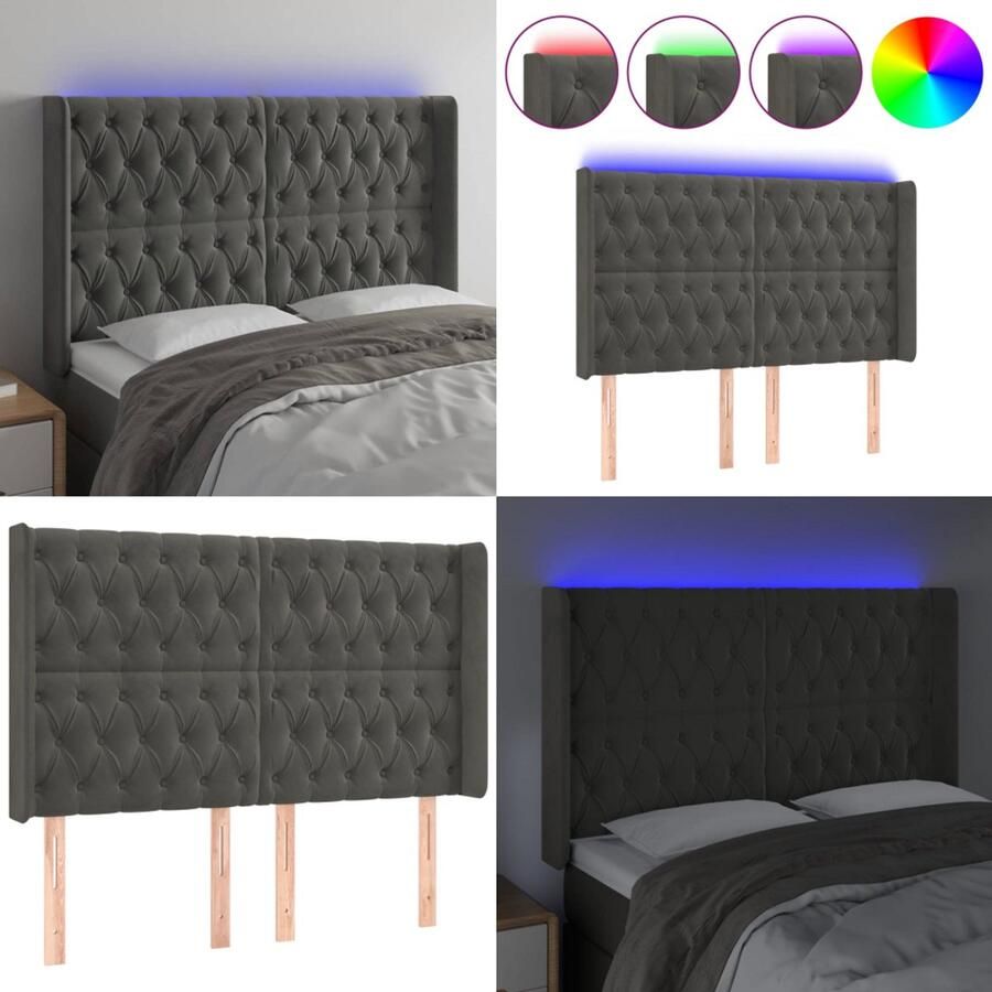 VidaXL Hoofdbord LED 147x16x118 128 cm fluweel donkergrijs Hoofdbord Hoofdborden Hoofdeinde Houten Hoofdbord