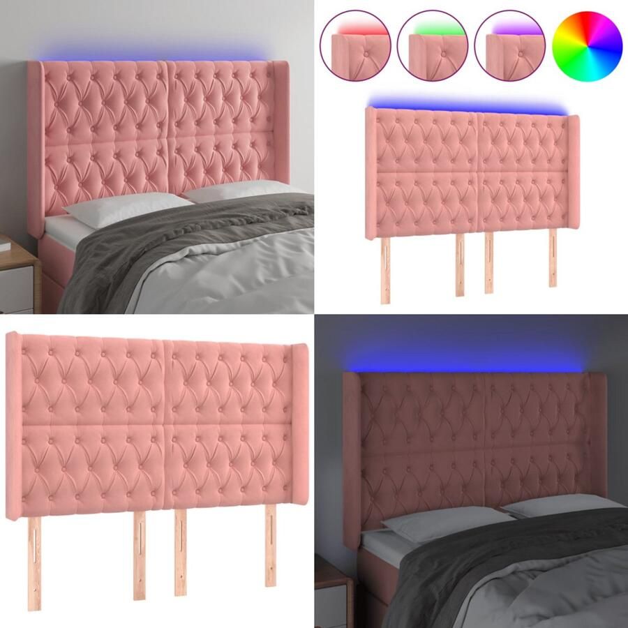VidaXL Hoofdbord LED 147x16x118 128 cm fluweel roze Hoofdbord Hoofdborden Hoofdeinde Houten Hoofdbord