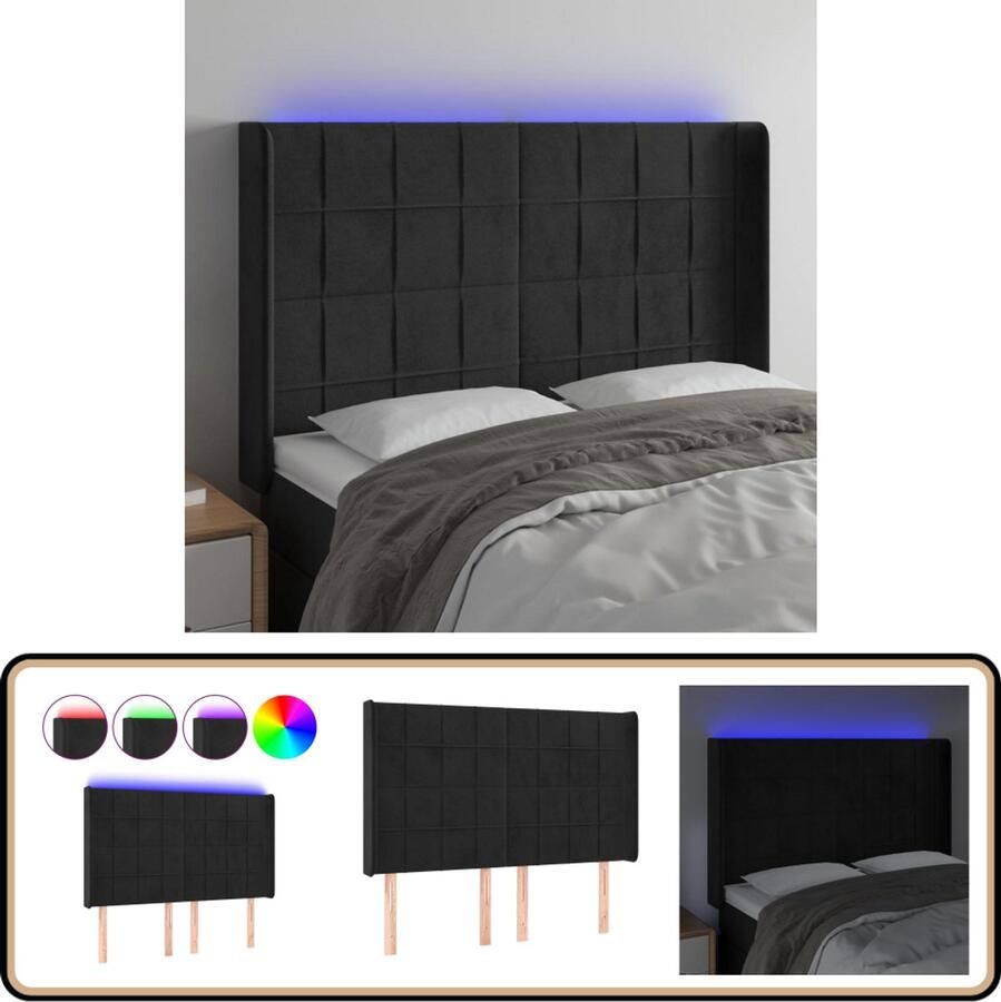 VidaXL Hoofdbord LED 147x16x118 128 cm Fluweel Zwart Hoofdboard Led Headboard Velvet Headboard Zwarte Hoofdbord Met Verlichting Adjustable Headboard Leeshoek Tv Hoek