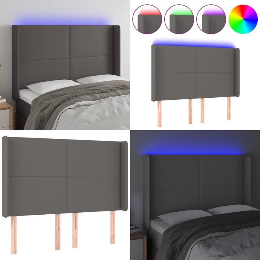 VidaXL Hoofdbord LED 147x16x118 128 cm kunstleer grijs Hoofdbord Hoofdborden Hoofdeinde Houten Hoofdbord