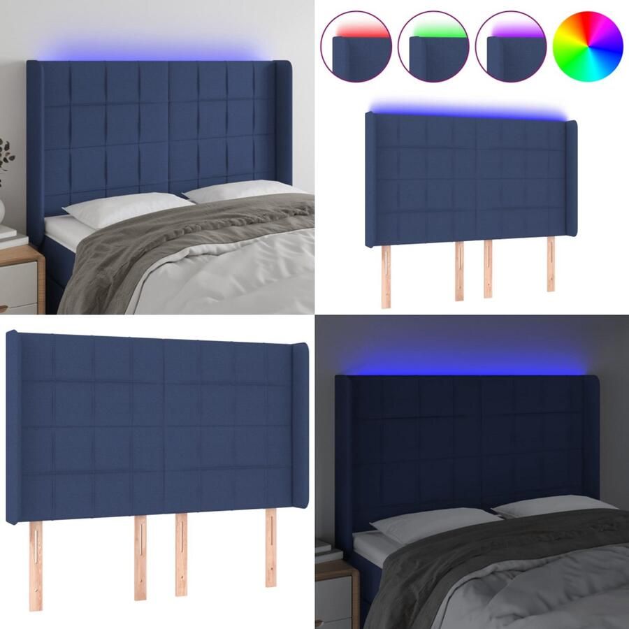VidaXL Hoofdbord LED 147x16x118 128 cm stof blauw Hoofdbord Hoofdborden Hoofdeinde Houten Hoofdbord