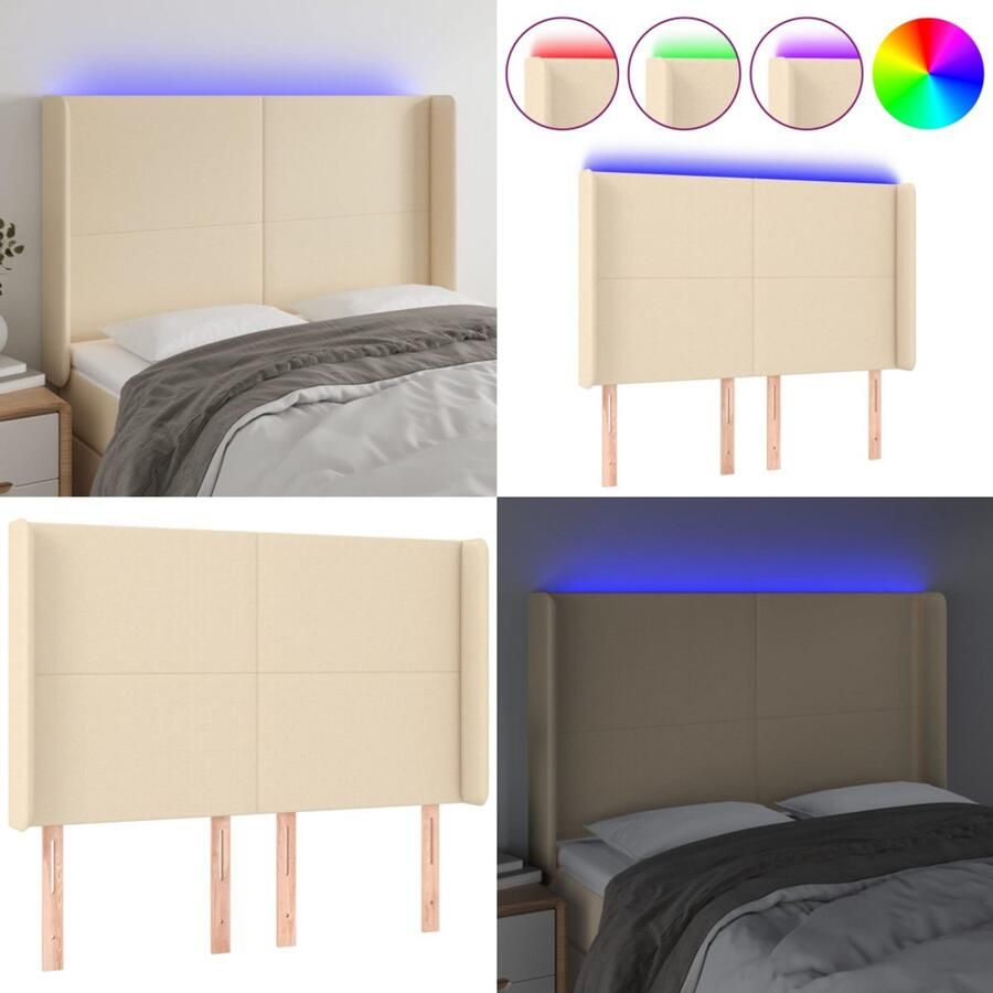 VidaXL Hoofdbord LED 147x16x118 128 cm stof crèmekleurig Hoofdbord Hoofdborden Hoofdeinde Houten Hoofdbord