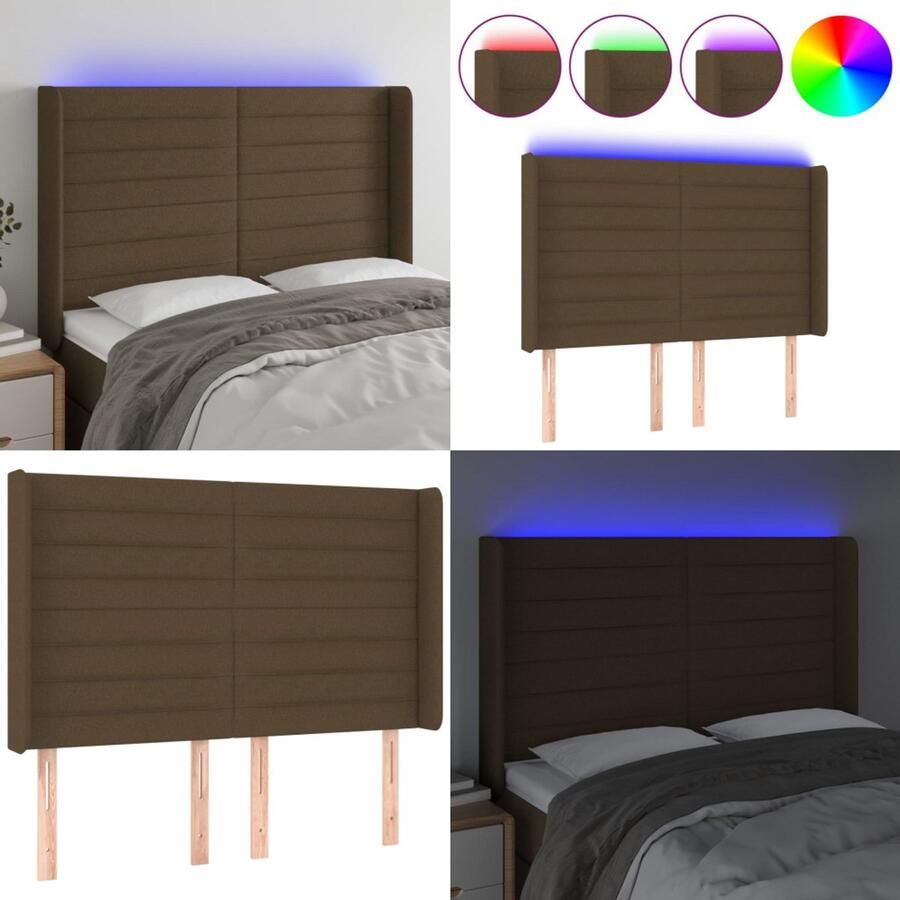VidaXL Hoofdbord LED 147x16x118 128 cm stof donkerbruin Hoofdbord Hoofdborden Hoofdeinde Houten Hoofdbord