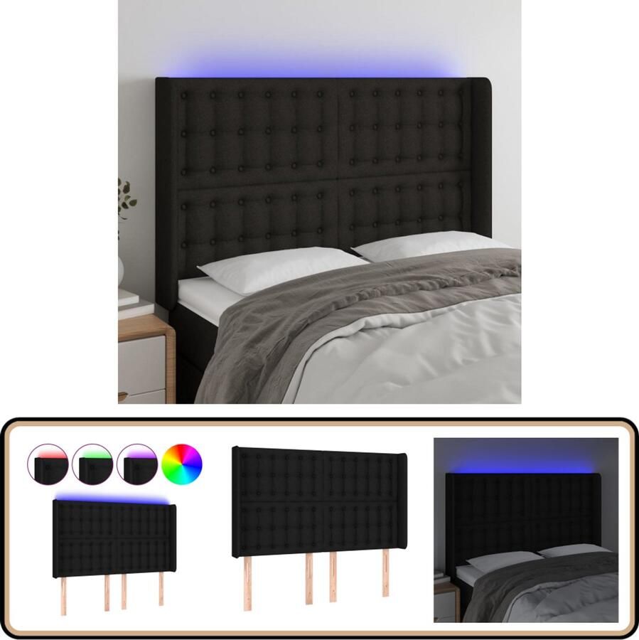 VidaXL Hoofdbord LED 147x16x118 128 cm Stof Zwart Hoofdboard Led Hoofdbord Met Led Klassiek Hoofdbord Zwarte Hoofdbord Slaapkamersdecoratie Bed Accessoires