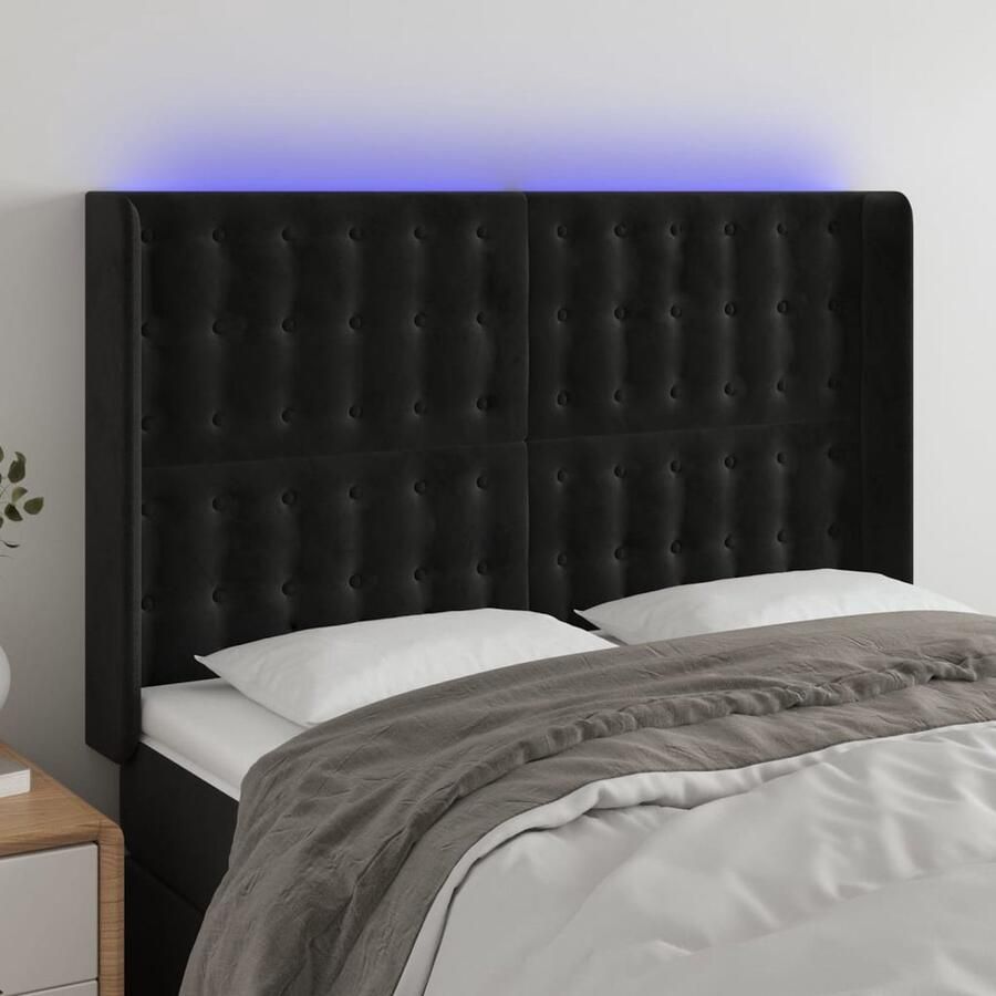 VidaXL Hoofdbord LED 147x16x128 cm Fluweel Zwart Hoofd Bord Hoofdkussen Led Lamp Velvet Zwart Slaap Kamer Decoratie - Foto 2