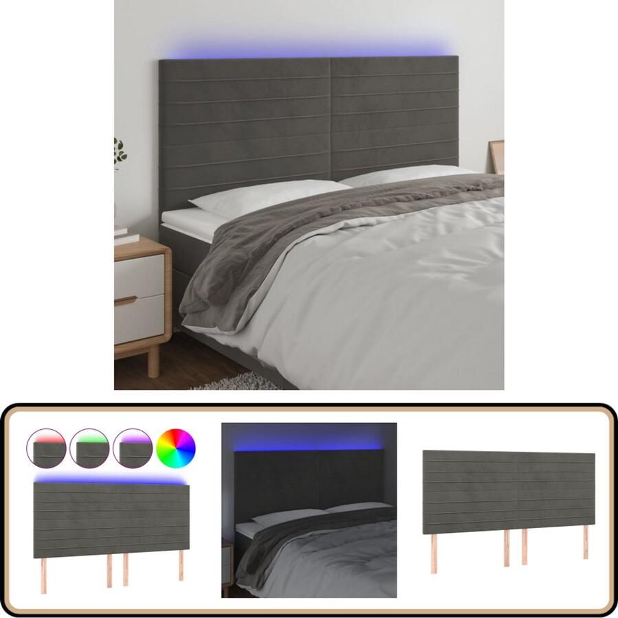 VidaXL Hoofdbord LED 160x5x118 cm Fluweel Donkergrijs Hoofdboard Led Verlichting Velvet Grijs Bedstelling Slaapkamers