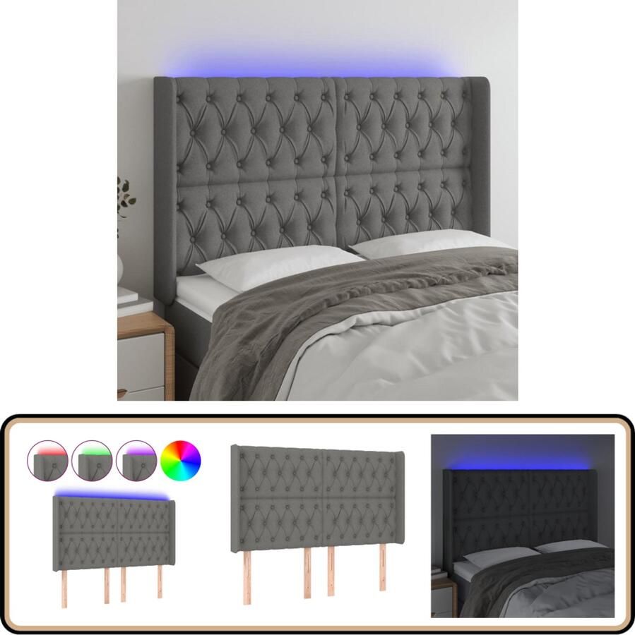 VidaXL Hoofdbord LED 163x16x118 cm Stof Donkergrijs Hoofdboard Led Headboard Hoofdborden Klassiek Hoofdbord Grijs Hoofdbord