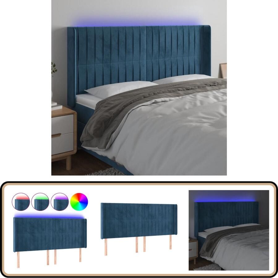 VidaXL Hoofdbord LED 163x16x118 128 cm Fluweel Blauw Hoofd Bord Velvet Blauw Led Verlichting Slaap Kamer Decoratie Hoofdkussen