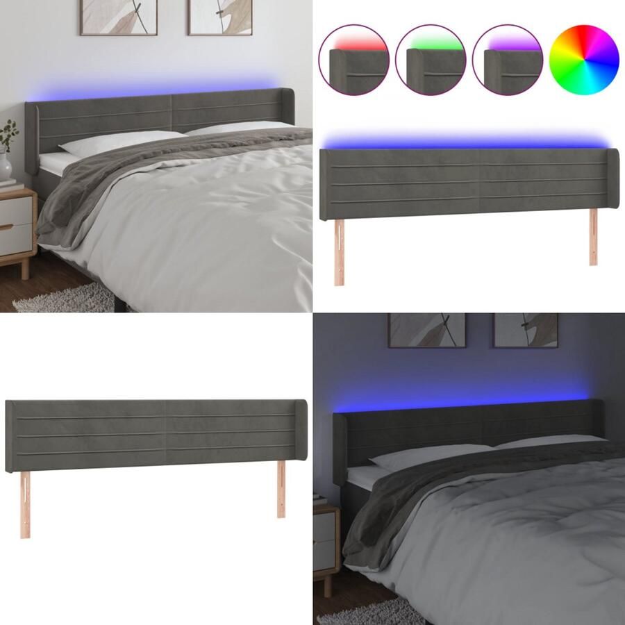 VidaXL Hoofdbord LED 163x16x78 88 cm fluweel donkergrijs Hoofdbord Hoofdborden Hoofdeinde Houten Hoofdbord