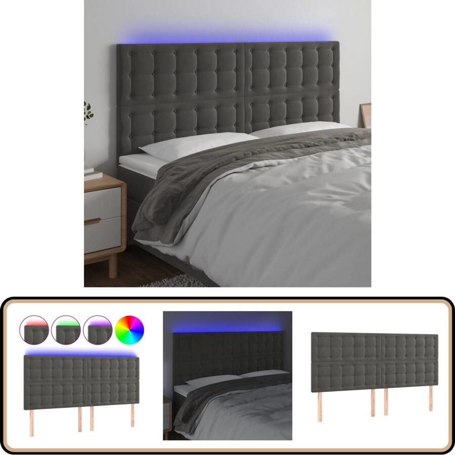 VidaXL Hoofdbord LED 180x118 cm Fluweel Donkergrijs Hoofdboard Led Verlichting Velvet Grijs Bedstek