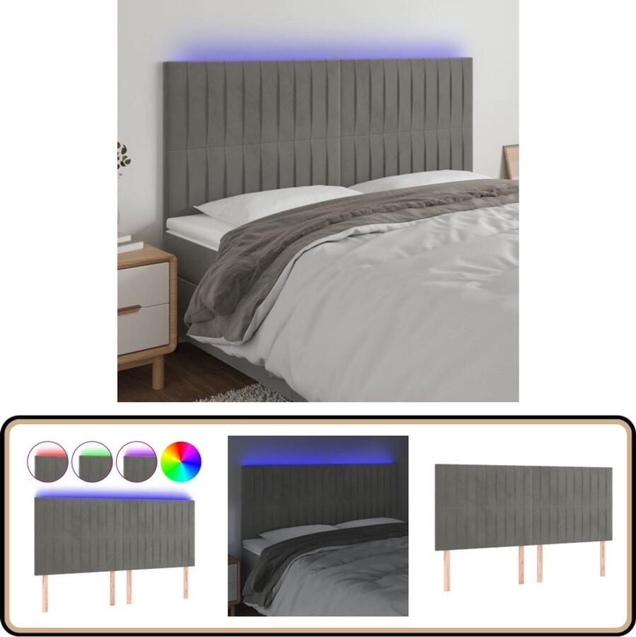 VidaXL Hoofdbord LED 180x5x118 cm Fluweel Lichtgrijs Hoofdboard Led Hoofdbord Velvet Hoofdbord Grijs Hoofdbord Bedstelling Accessoires Slaapkamers Decoratie