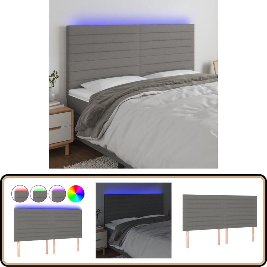 VidaXL Hoofdbord LED 180x5x128 cm Stof Donkergrijs Hoofdboard Led Verlichting Hoofdbord Grijs Bedstek Slaapkamersdecoratie Comfortabele Hoofdsteun