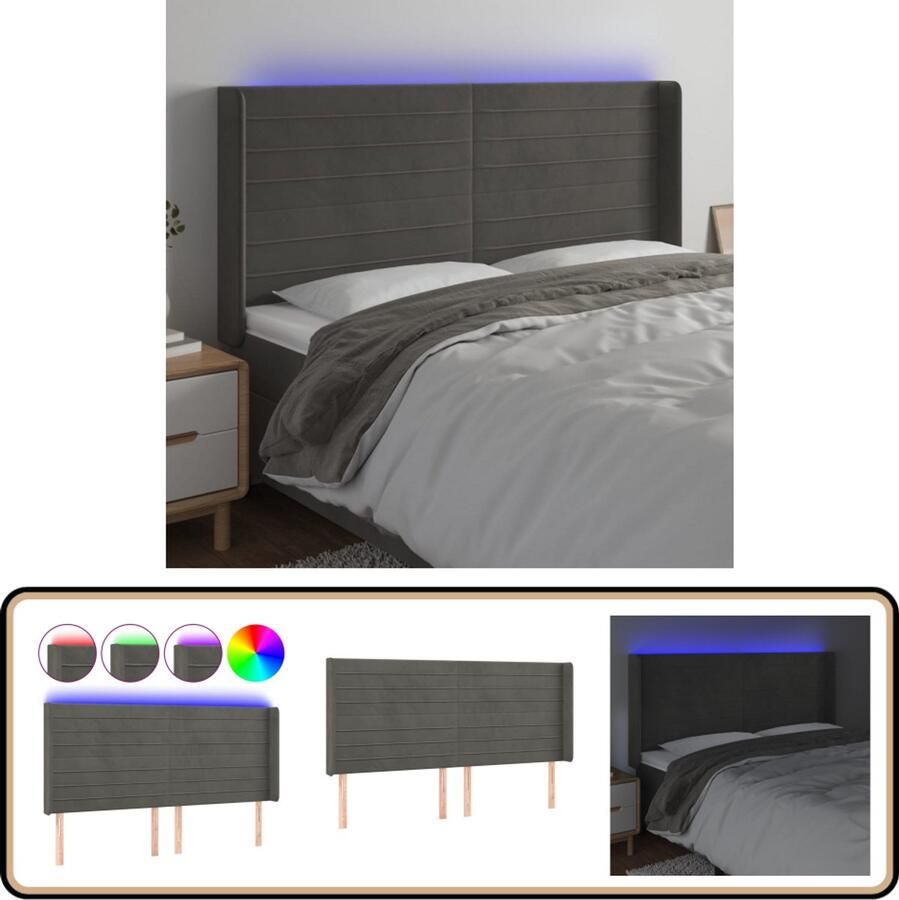 VidaXL Hoofdbord LED 183x16x118 cm Donkergrijs Hoofdboard Led Headboard Velvet Headboard Grijs Hoofdboard Tweepersoons Hoofdbord