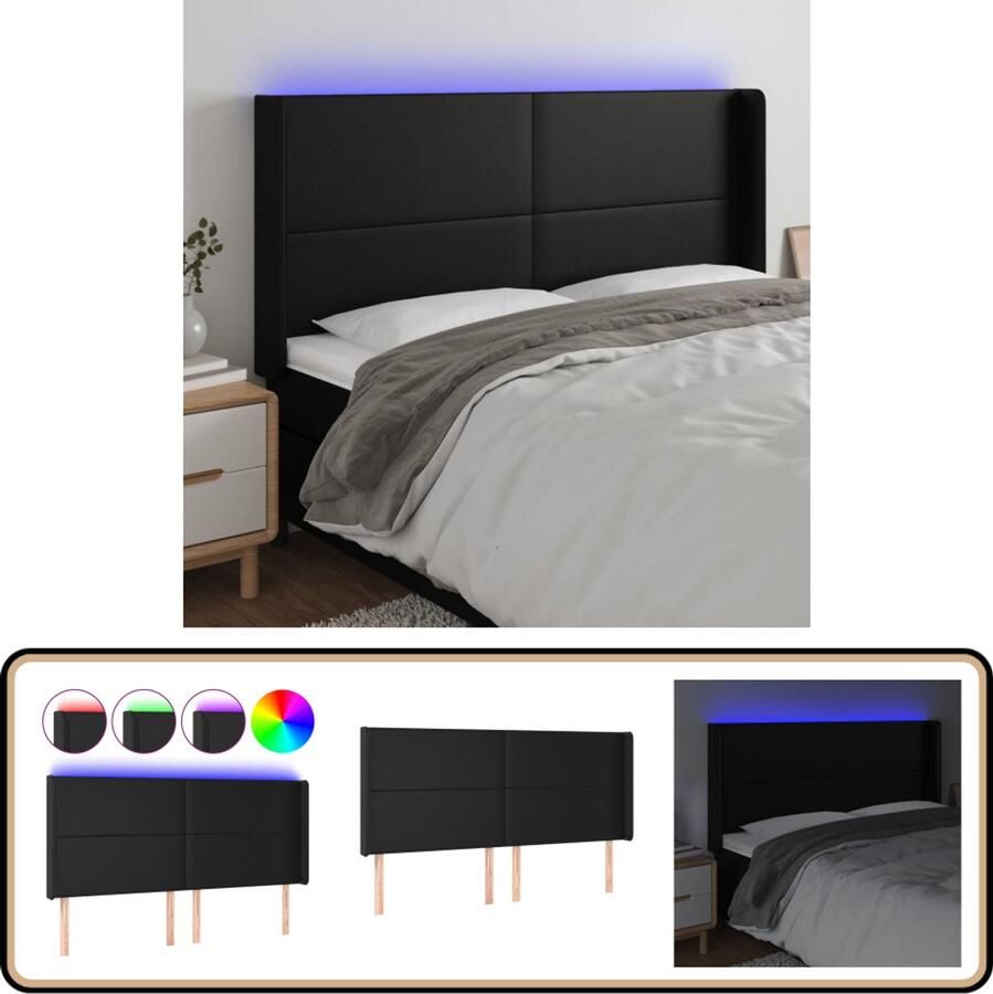 VidaXL Hoofdbord LED 183x16x118 cm Zwart Kunstleer Klassieke Hoofdbord Led Hoofdbord Kunstleder Hoofdbord Zwarte Hoofdbord Leeshoek Verhogen