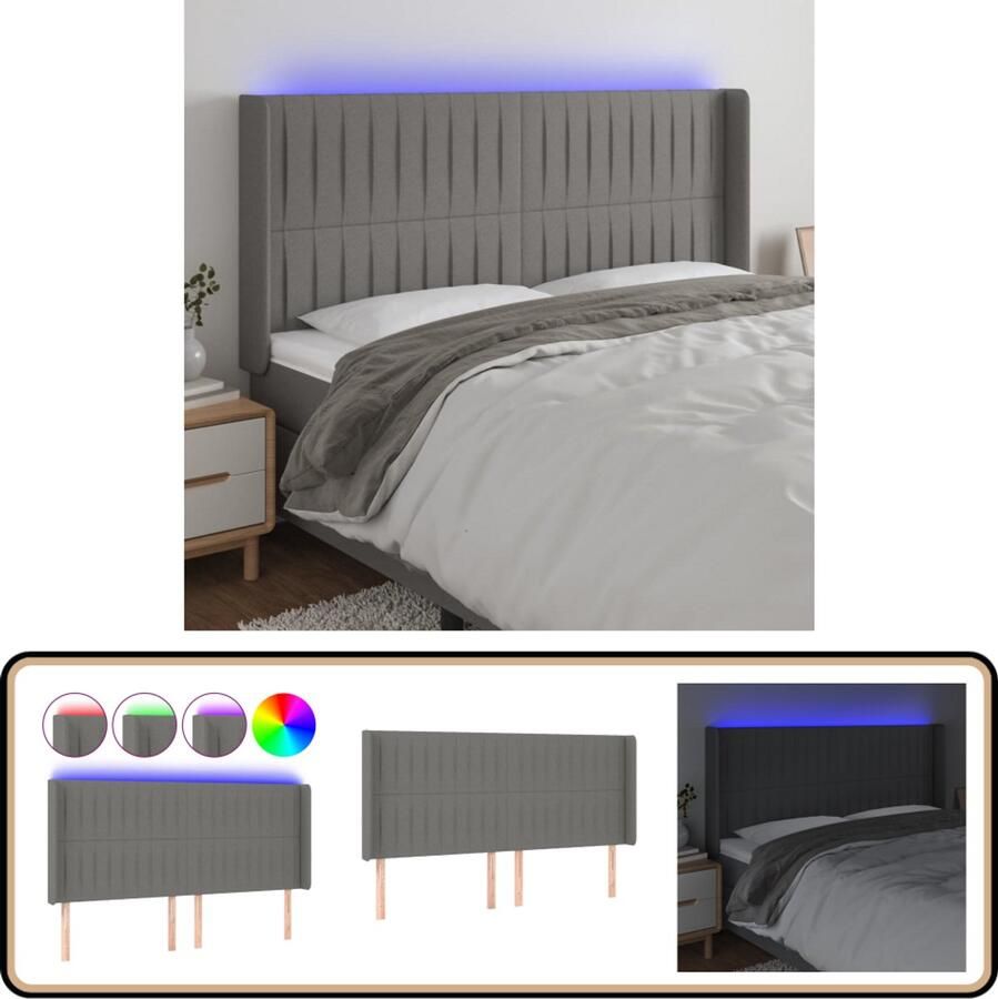 VidaXL Hoofdbord LED 183x16x118 128 cm Donkergrijs Hoofdboard Led Headboard Hoofdkussen Slaapcomfort Bedroom Decor Moderne Slaapkamer Grijs Interieur Textiel Meubilair