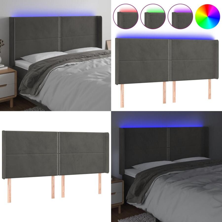VidaXL Hoofdbord LED 183x16x118 128 cm fluweel donkergrijs Hoofdbord Hoofdborden Hoofdeinde Houten Hoofdbord