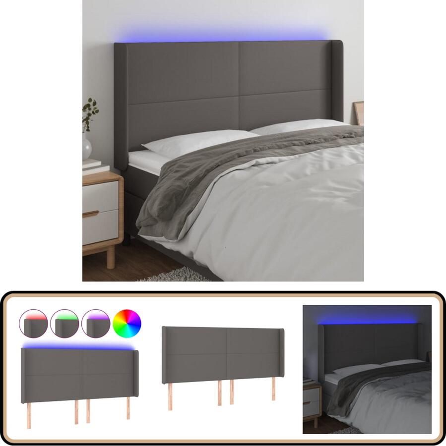 VidaXL Hoofdbord LED 183x16x128 cm Grijs Kunstleer Hoofdboard Led Headboard Kunstleder Hoofdbord Grijze Hoofdbord Bedroom Decor Slaapkamersdecoratie