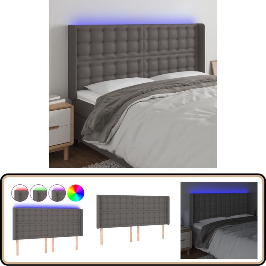 VidaXL Hoofdbord LED 183x16x128 cm Kunstleer Grijs Hoofdboard Led Headboard Kunstleder Hoofdboard Grijze Hoofdborden Adjustable Headboard Leeshoek Tv Hoek Bedroom Decor