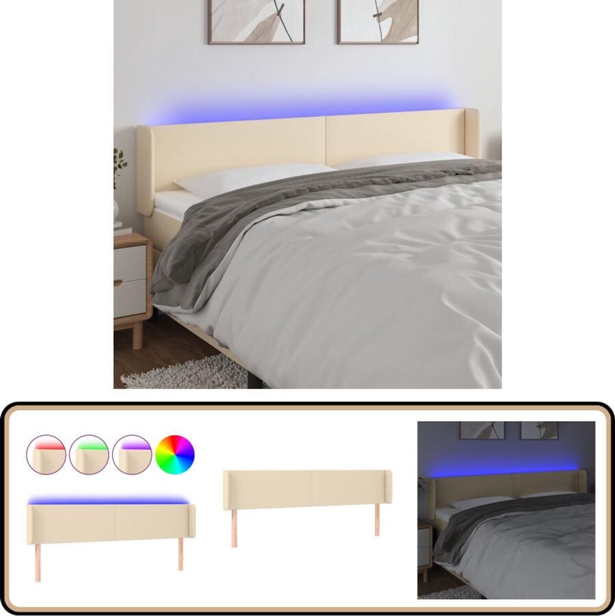 VidaXL Hoofdbord LED 183x16x78 88 cm Crèmekleurig Stof Hoofdboard Led Hoofdbord Crème Beddecoratie Led Verlichting Comfortabel Hoofdbord