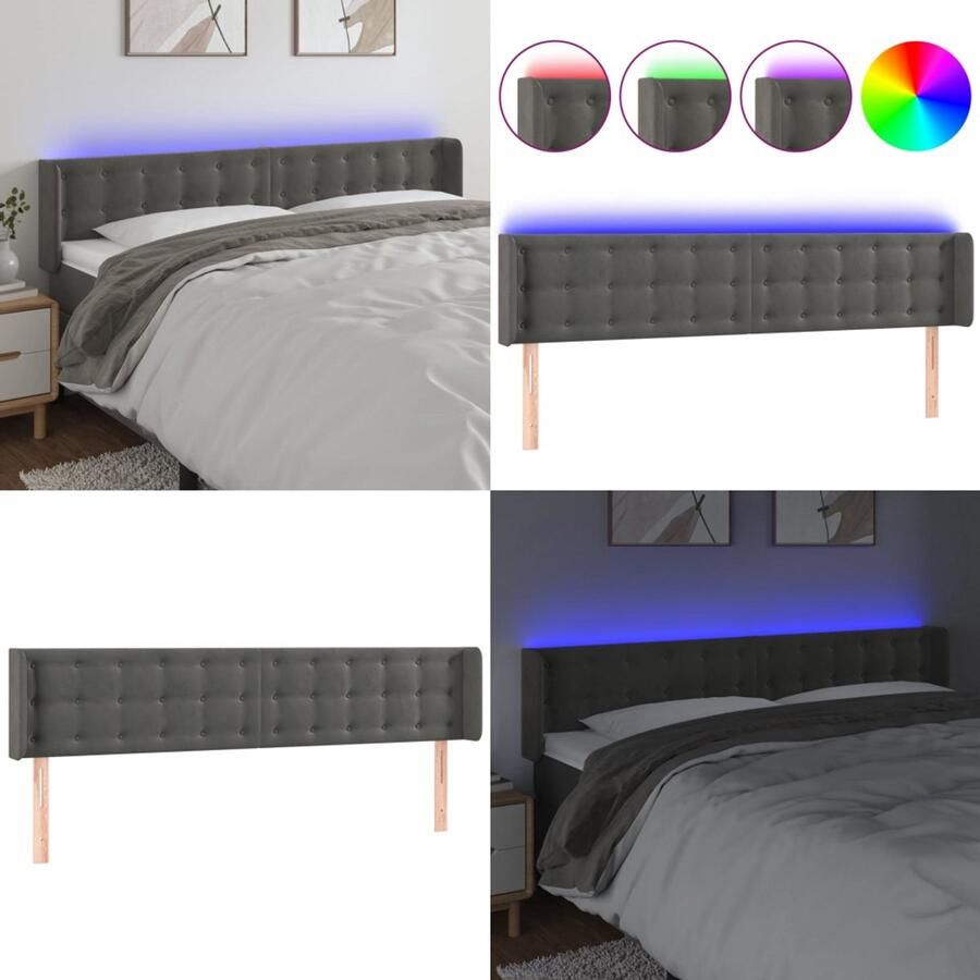 VidaXL Hoofdbord LED 183x16x78 88 cm fluweel donkergrijs Hoofdbord Hoofdborden Hoofdeinde Houten Hoofdbord