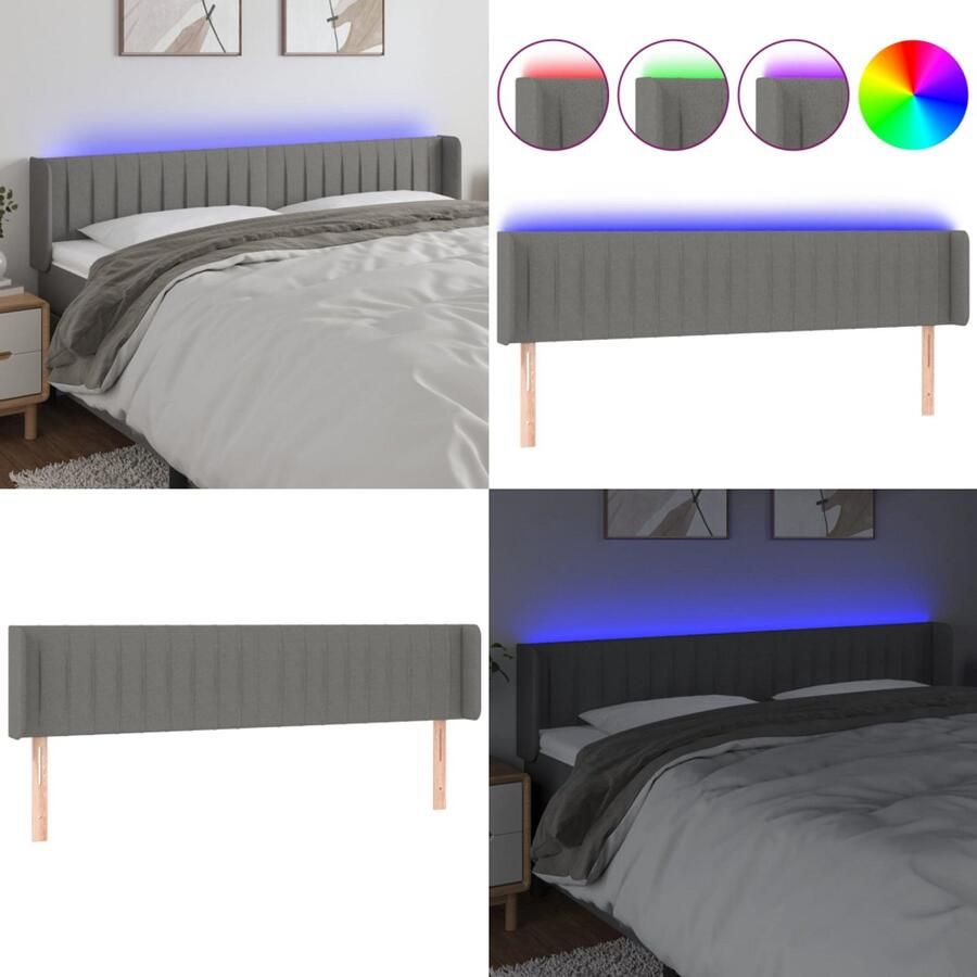 VidaXL Hoofdbord LED 183x16x78 88 cm stof donkergrijs Hoofdbord Hoofdborden Hoofdeinde Houten Hoofdbord