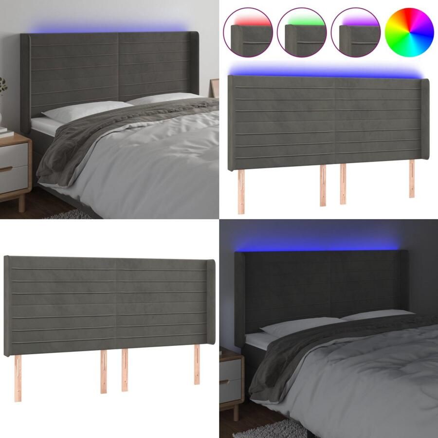 VidaXL Hoofdbord LED 203x16x118 128 cm fluweel donkergrijs Hoofdbord Hoofdborden Hoofdeinde Houten Hoofdbord