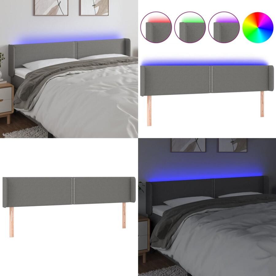 VidaXL Hoofdbord LED 203x16x78 88 cm stof donkergrijs Hoofdbord Hoofdborden Hoofdeinde Houten Hoofdbord