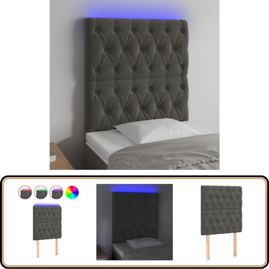 VidaXL Hoofdbord LED 80x7x118 128 cm Donkergrijs Hoofddekens Led Hoofdborden Velvet Hoofdborden Grijs Hoofdbord Beddecoratie