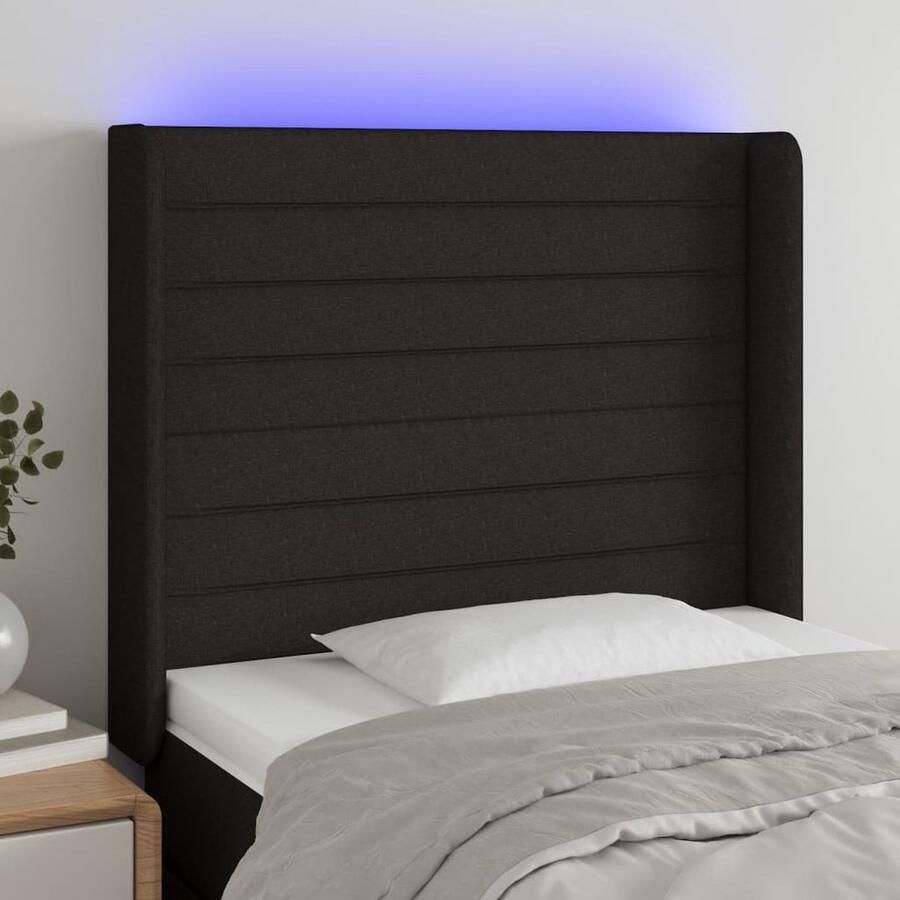 VidaXL Hoofdbord LED 103x16x118 128 cm Zwart Stof Hoofd Bord Led Bedhoofdbord Headboard Hoofdboard Zwart Hoofdkussen Leeshoek Tv Hoek Comfortabel Zitten - Foto 2