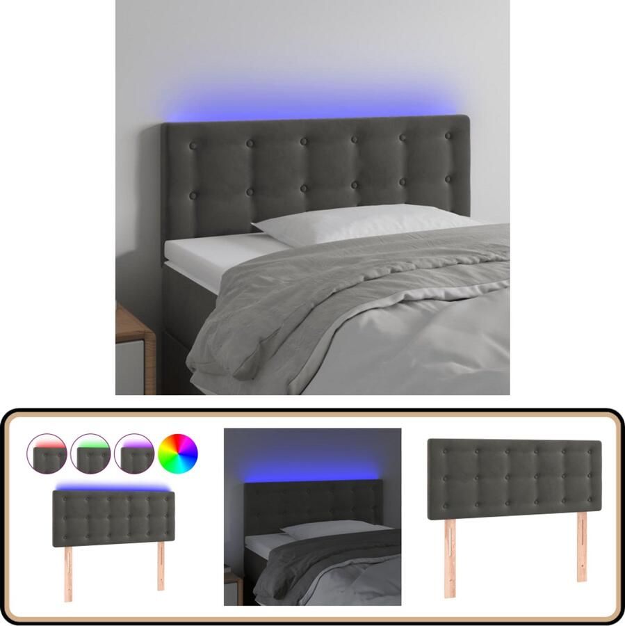 VidaXL Hoofdbord LED 90 cm Donkergrijs Fluweel Hoofdboard Led Headboard Velvet Headboard Grijs Headboard Bedhead