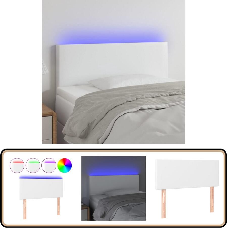 The Living Store Hoofdeind LED-strip Kunstleer Wit 90 x 5 x 78 88 cm Verstelbaar Duurzaam Kleurrijke LED-verlichting Met schaarsymbool USB Hoofd Bord Led Hoofdbord Met Led Hoofdbord Wit Kunstleder Hoofdbord
