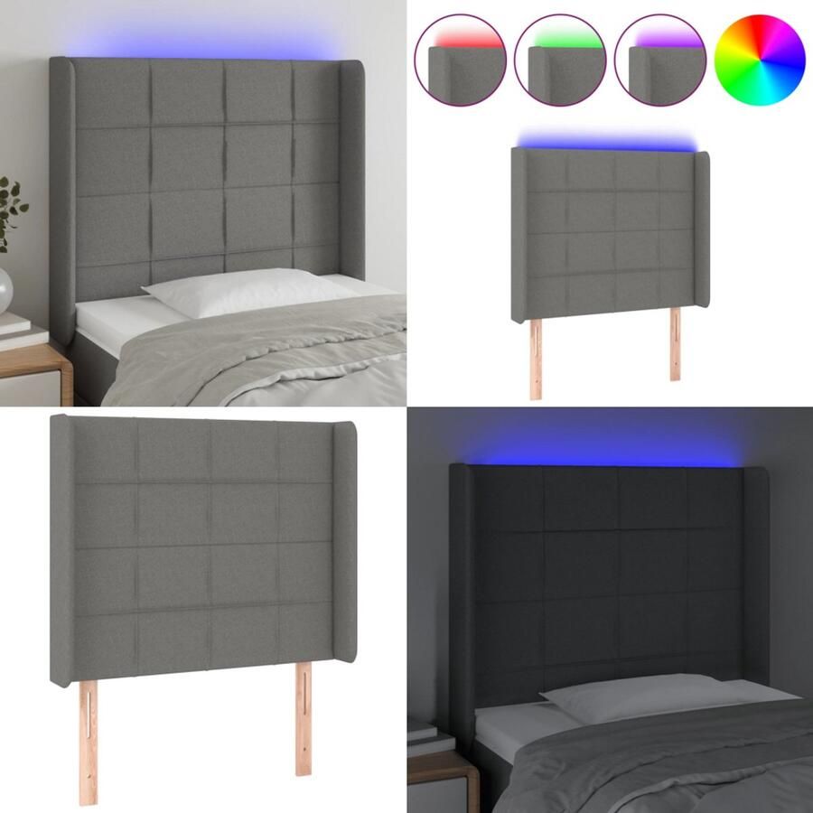VidaXL Hoofdbord LED 93x16x118 128 cm stof donkergrijs Hoofdbord Hoofdborden Hoofdeinde Houten Hoofdbord