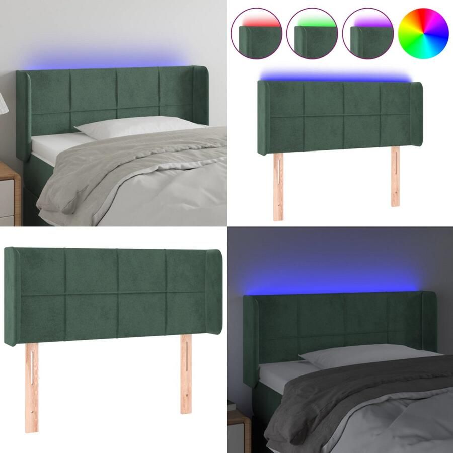 VidaXL Hoofdbord LED donkergroen stof hout 93x16x78 88 cm verstelbaar schaarsymbool LED-strip USB-kabel montagehandleiding Bedonderdeel