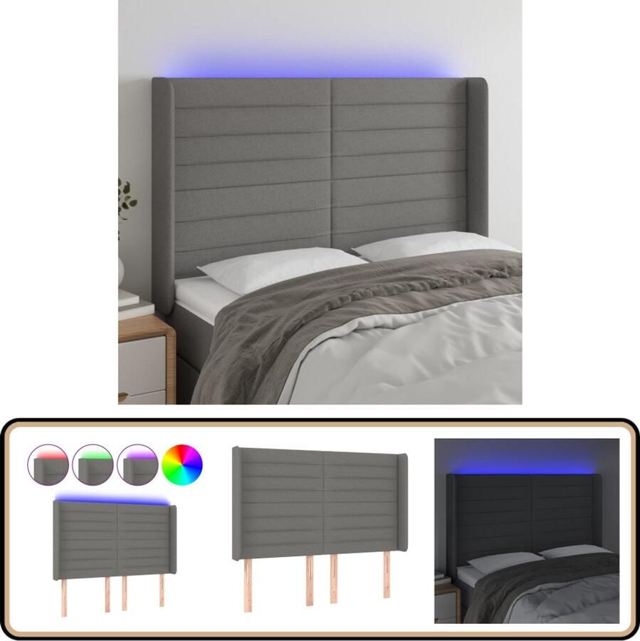The Living Store Hoofdeinde LED Donkergrijs 147x16x118 128 cm Verstelbare hoogte Duurzaam materiaal Kleurrijke LED-verlichting Snijdbare LED-strip Hoofdboard Led Verlichting Hoofdbord Grijs Beddecoratie Slaapkamers