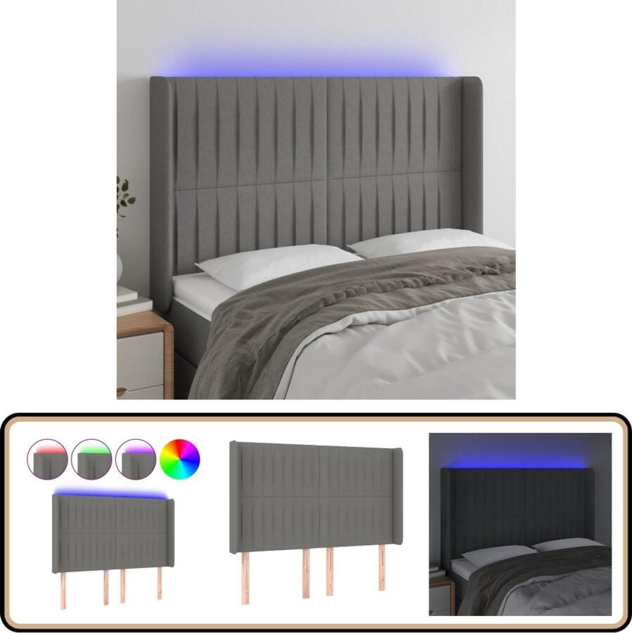 VidaXL Hoofdbord LED donkergrijs 147x16x118 128cm Hoofdboard Led Lamp Hoofdborden Beddecoratie Bedroom Decor Grijs Hoofdbord Donkere Kleuren Relaxe Kamer