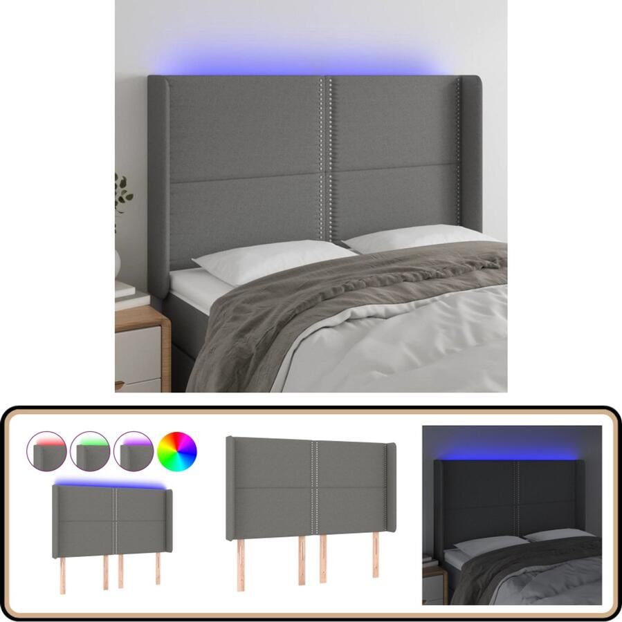 VidaXL Hoofdbord LED donkergrijs 147x16x118 128cm Led Hoofdbord Led Headboard Hoofdbord Grijs Grijze Hoofdbord Met Led Verlichting Hoofdbord Met Usb Aansluiting Slaap Accessoires Kamer Decoratie