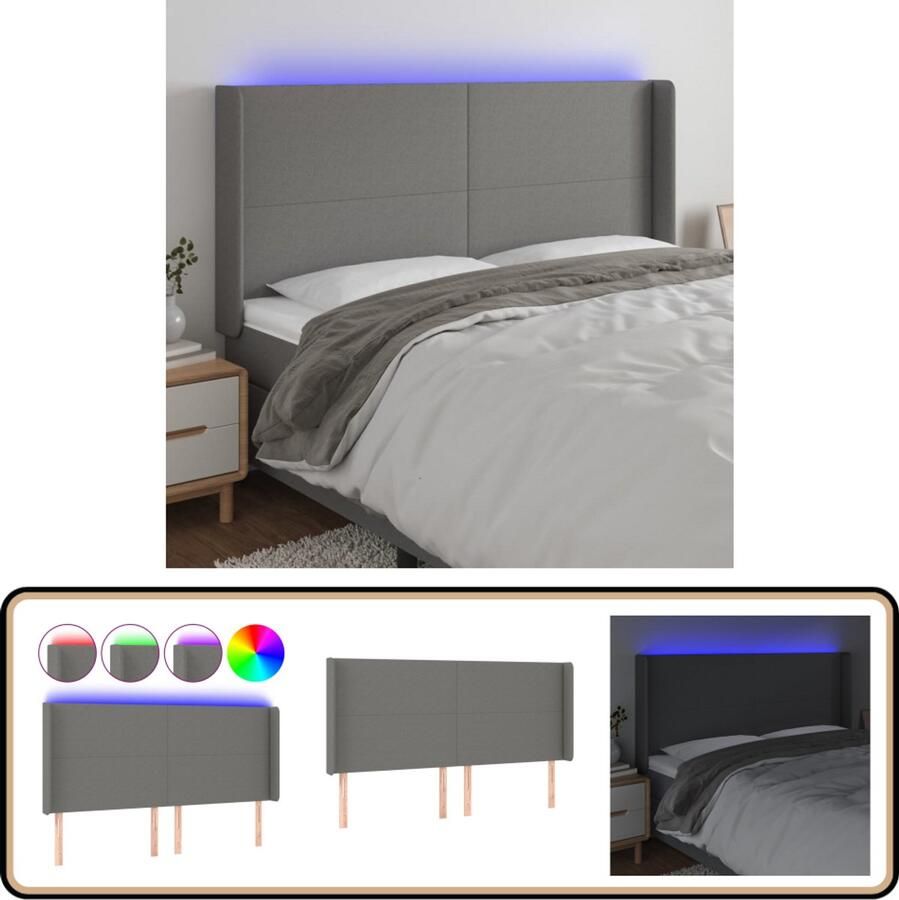 VidaXL Hoofdbord LED Donkergrijs 183x16x118 128 cm Hoofdboard Led Headboard Bedstede Slaapkamers Comfortabel