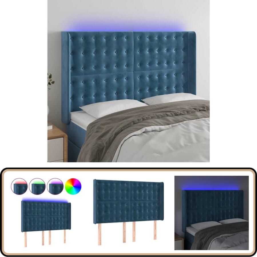 VidaXL Hoofdbord LED Fluweel Donkerblauw 147 cm Hoofd Bord Led Hoofdbord Blauw Velvet Hoofdbord Leeshoek Verhogen Tv Kijken In Bed Slaap Accessoires