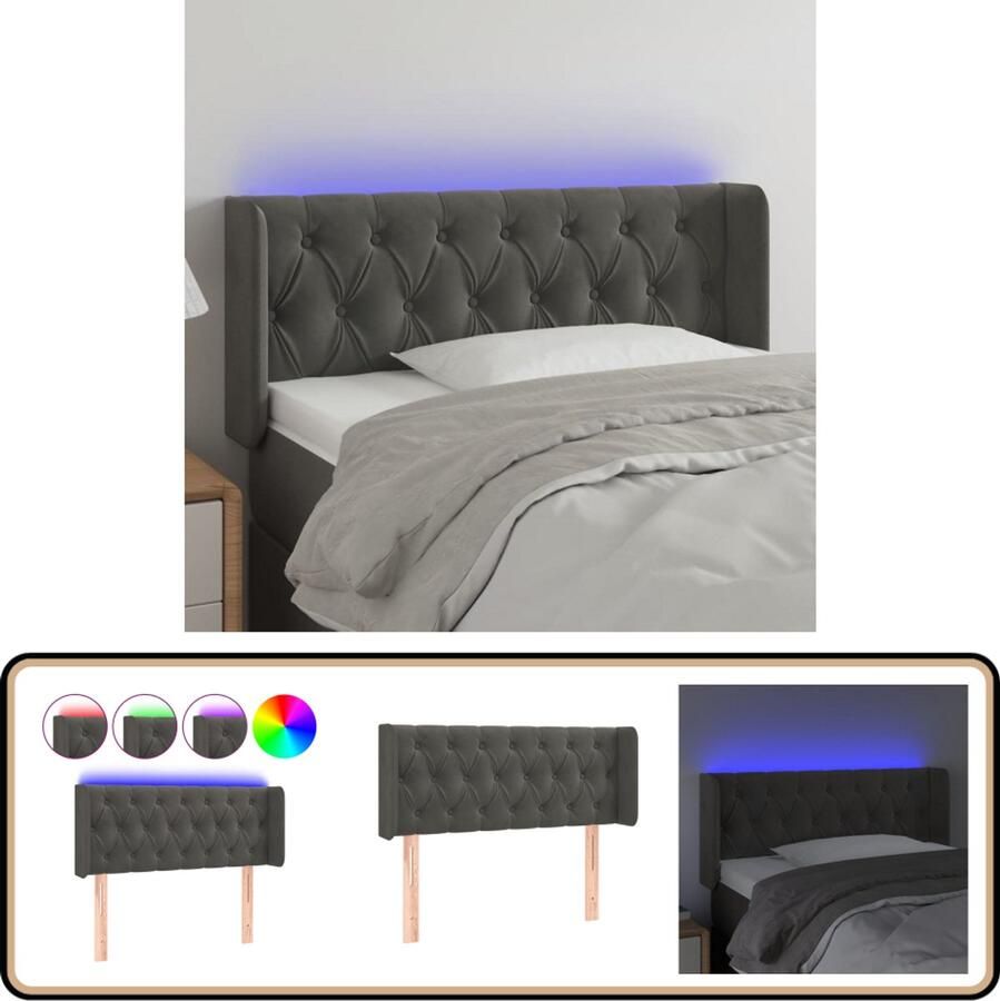 VidaXL Hoofdbord LED Fluweel Donkergrijs 93x16x88cm Hoofd Bord Led Hoofdbord Velvet Hoofdbord Grijs Hoofdbord Beddecoratie Hoofdkussen