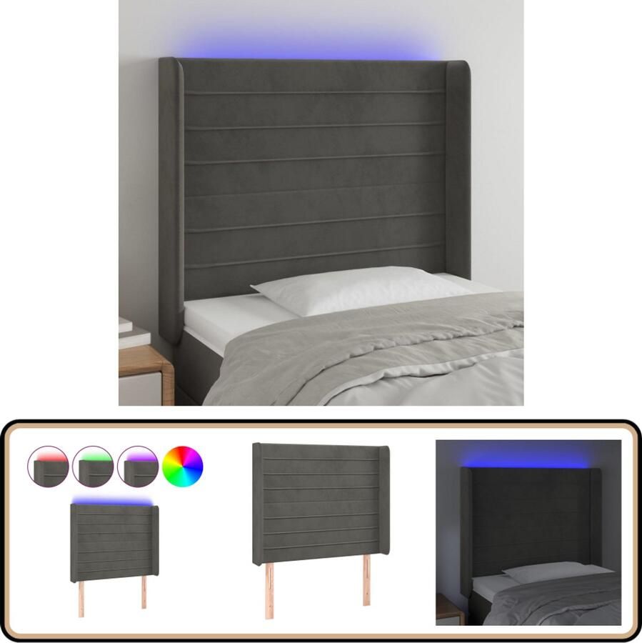 VidaXL Hoofdbord LED Fluweel Donkergrijs 93x16x128cm Hoofdboard Led Headboard Velvet Headboard Grijs Headboard Bedhead Slaapkamersdecoratie Luxe Hoofdbord