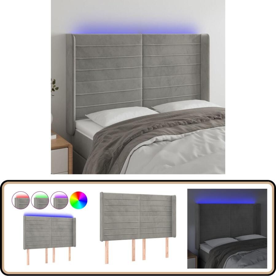 VidaXL Hoofdbord LED Fluweel Lichtgrijs 147x118 cm Hoofd Bord Led Hoofdbord Hoofdkussen Bedroom Decoratie Slaapkamerstijl Velvet Headboard Grijs Hoofdbord