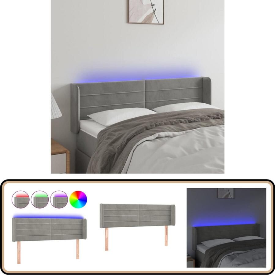 VidaXL Hoofdbord LED Fluweel Lichtgrijs 147x78 cm Hoofdboard Led Verlichting Velvet Grijs Bedstee Slaapkamers
