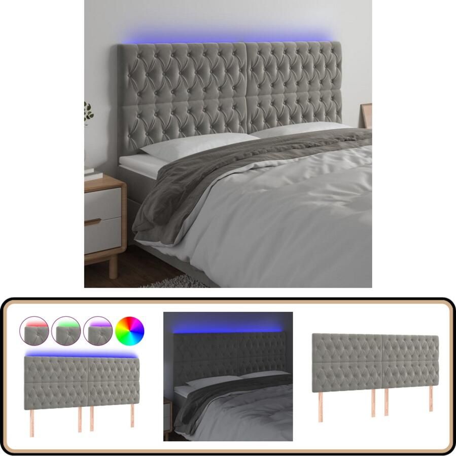 VidaXL Hoofdbord LED Fluweel Lichtgrijs 180 cm Hoofdboard Led Headboard Bedhead Velvet Headboard Grijs Hoofdboard